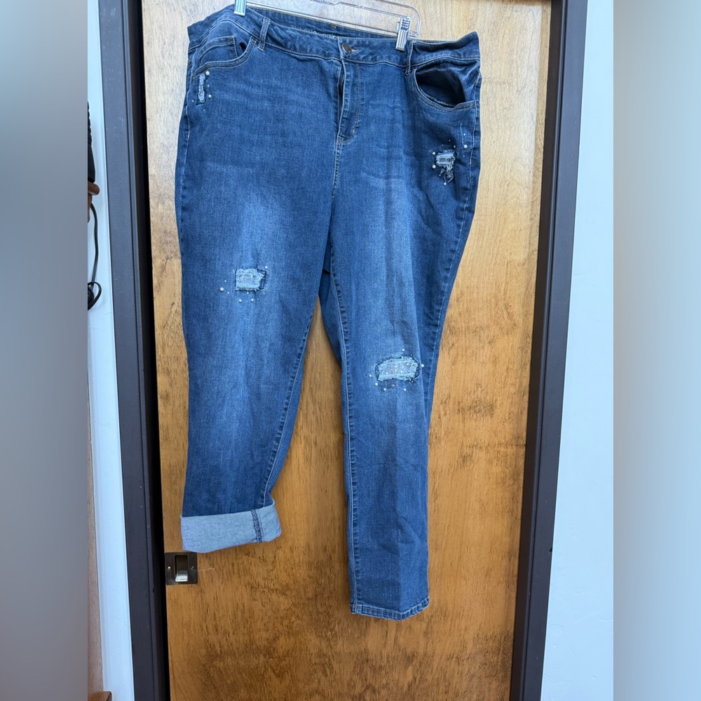 Avenue Mid/Dark Blue Cropped Distressed Cuffed Jeans some sequins & pearls